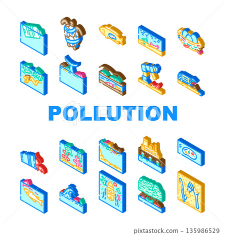 Water and environmental pollution isometric icons collection 135986529