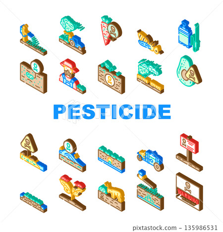 Pesticide chemicals agriculture farming isometric icons set 135986531