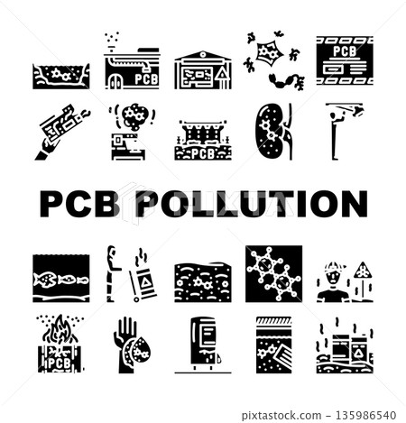 Pcb pollution environmental hazard industrial waste chemicals icons Pcb pollution environmental hazard industrial waste chemicals icons 135986540