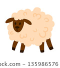 White fluffy sheep with curly wool standing. Simple flat style, isolated on white. Great for farm, livestock, and nursery projects 135986576