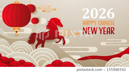 Fire Horse Chinese New Year 2026 celebration red horse lanterns clouds abstract waves beige background festive banner Fire Horse Chinese New Year 2026 celebration red horse lanterns clouds abstract waves beige background festive banner 135986592