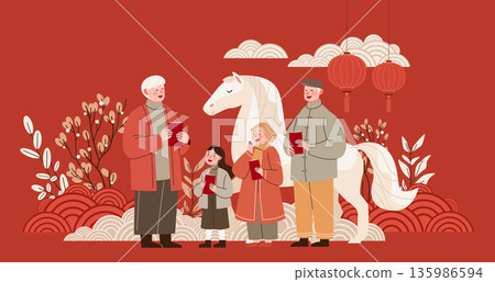 Fire Horse Chinese New Year 2026 family celebration traditional clothing red envelopes lanterns floral background clouds festive scene Fire Horse Chinese New Year 2026 family celebration traditional clothing red envelopes lanterns floral background clouds festive scene 135986594