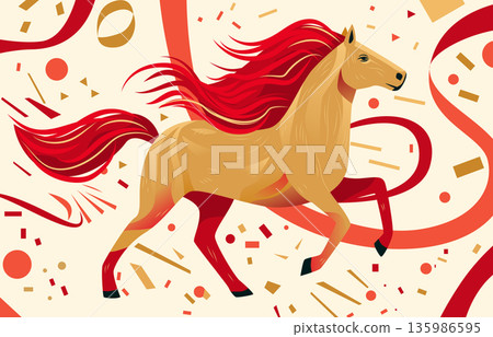 Fire Horse Chinese New Year 2026 celebration dynamic running horse with flowing red mane festive confetti abstract shapes red gold background Fire Horse Chinese New Year 2026 celebration dynamic running horse with flowing red mane festive confetti abstract shapes red gold background 135986595