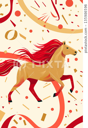 Fire Horse Chinese New Year 2026 celebration dynamic horse with red mane abstract festive background confetti swirls modern decoration Fire Horse Chinese New Year 2026 celebration dynamic horse with red mane abstract festive background confetti swirls modern decoration 135986596