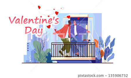 Senior couple Valentine Day celebration romance balcony embrace city plants colorful flat design 135986732