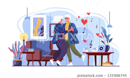 Senior couple dancing romance active aging love music living room plants cozy home decor modern flat style 135986745