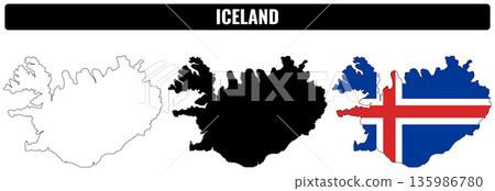 Different shapes of Iceland displayed with outline and flag design Different shapes of Iceland displayed with outline and flag design 135986780