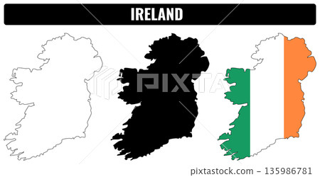 Shapes of Ireland showing outline, filled black, and colored with flag 135986781