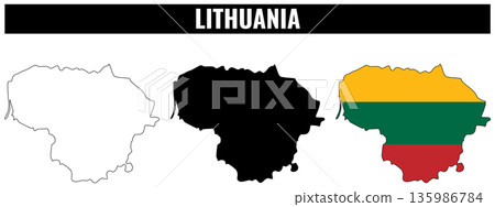 Set of shapes representing Lithuania showing outline, fill-in, and colored version 135986784
