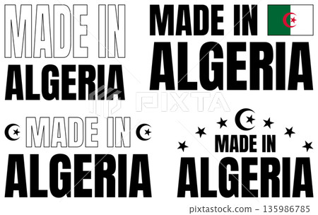 Icons set featuring bold font design for Made in Algeria in different styles Icons set featuring bold font design for Made in Algeria in different styles 135986785