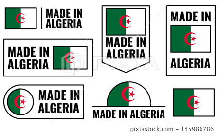 Icons set featuring made in Algeria symbols with national flags and text for product identification 135986786
