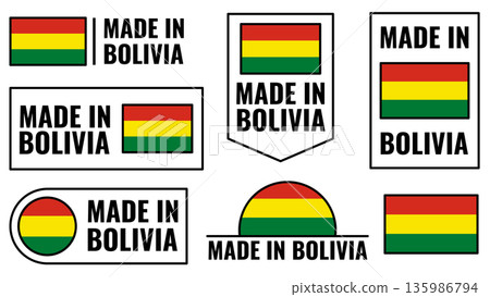 Made in Bolivia icons set showcasing product emblems from Bolivia in various shapes and designs 135986794