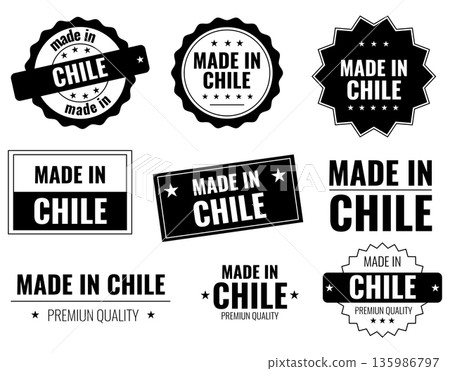 Various labels for products made in Chile with black and white designs showcasing origin Various labels for products made in Chile with black and white designs showcasing origin 135986797