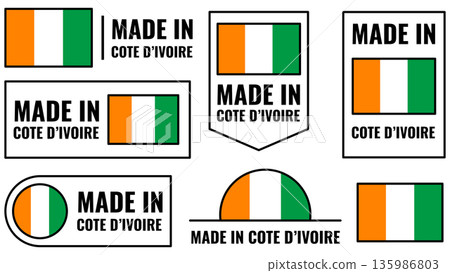 Set of icons representing products from Cote D Ivoire featuring national colors and design Set of icons representing products from Cote D Ivoire featuring national colors and design 135986803