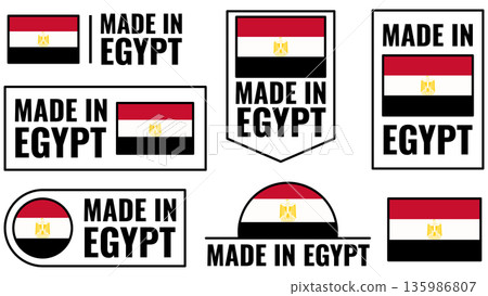 Symbols of products made in Egypt displayed in a set showing diverse designs and shapes Symbols of products made in Egypt displayed in a set showing diverse designs and shapes 135986807