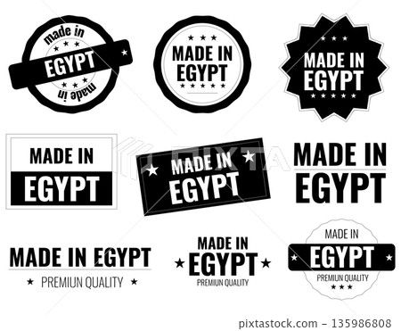 Set of icons showing product labels that say made in Egypt with various designs Set of icons showing product labels that say made in Egypt with various designs 135986808
