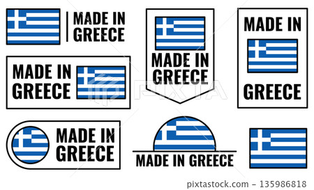 Icons set of Greece product emblems featuring the flag and text 135986818
