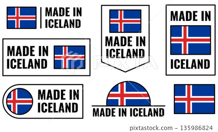 Icons set showcasing Iceland product emblems featuring the Iceland flag design Icons set showcasing Iceland product emblems featuring the Iceland flag design 135986824