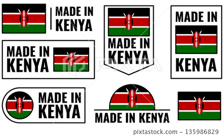 Kenya product emblems featuring made in Kenya icons and symbols in different designs Kenya product emblems featuring made in Kenya icons and symbols in different designs 135986829