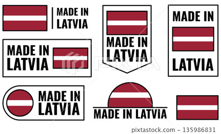 Icons set showing Made in Latvia product emblem with simple designs and clear text Icons set showing Made in Latvia product emblem with simple designs and clear text 135986831