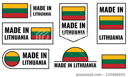 Icons set representing Lithuania product emblems featuring the phrase Made in Lithuania 135986834
