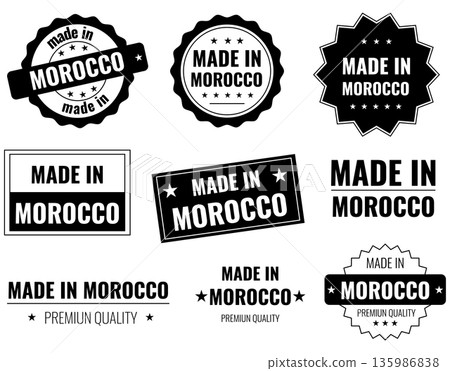 Icons showing made in Morocco labels for various products and their quality mark Icons showing made in Morocco labels for various products and their quality mark 135986838