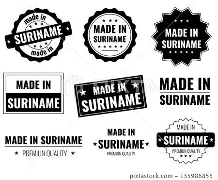 Set of labels and icons for Suriname made products in black and white design 135986855