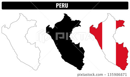 Map shapes of Peru showing outline, filled silhouette, and flag colors Map shapes of Peru showing outline, filled silhouette, and flag colors 135986871