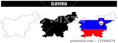 Shapes of Slovenia displayed in three styles showcasing borders and colors 135986874