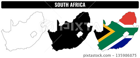 South Africa shapes set showing outline, filled shape, and flag design for educational use 135986875