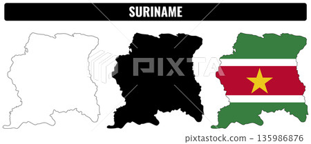 Suriname shapes set showing outline, filled shape, and flag representation of Suriname 135986876