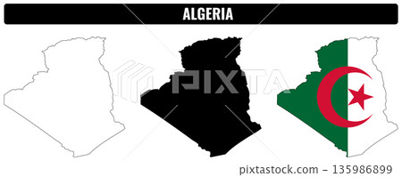 Shapes of Algeria showing outline, solid form, and flag design Shapes of Algeria showing outline, solid form, and flag design 135986899