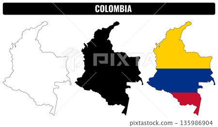 Colombia shapes set showing outline and filled versions of the country s map 135986904