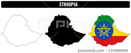 Shapes of Ethiopia showing outline and flag design in three distinct forms 135986909