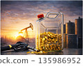 Fuel Canister Filled with Gold Coins at Oil Pump Jack at Sunset, Energy Prices and Inflation Concept, Generative AI 135986952