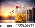 Fuel Canister Filled with Gold Coins Against Oil Pump at Sunset, Rising Energy Costs Concept, Generative AI 135986953