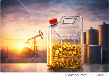 Fuel Canister Filled with Gold Coins Against Oil Pump at Sunset, Rising Energy Costs Concept, Generative AI 135986953