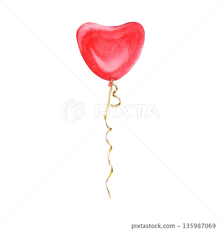 Watercolor red heart balloon with ribbon  isolated on white background. Hand drawn romantic symbol of love for  valentines day, wedding decor and party design 135987069