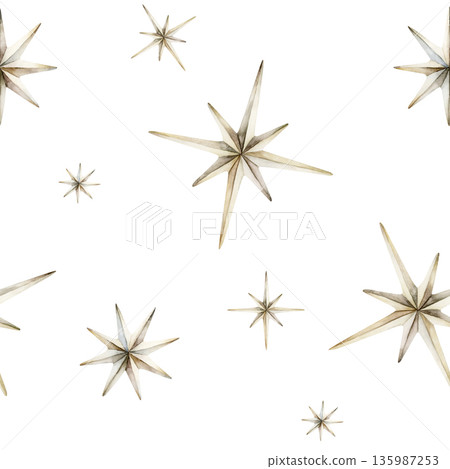 Cute white silver stars seamless pattern on white background. Watercolor hand drawn isolated illustration for nursery textile kids fabric Muslim holiday Ramadan design print wrapping paper Eid Mubarak Cute white silver stars seamless pattern on white background. Watercolor hand drawn isolated illustration for nursery textile kids fabric Muslim holiday Ramadan design print wrapping paper Eid Mubarak 135987253