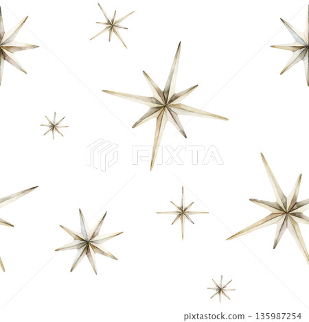 Cute white silver stars seamless pattern on white background. Watercolor hand drawn isolated illustration for nursery textile kids fabric Muslim holiday Ramadan design print wrapping paper Eid Mubarak 135987254