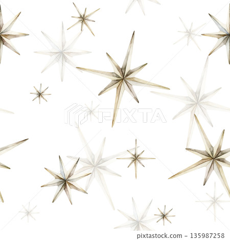Cute white silver stars seamless pattern on white background. Watercolor hand drawn isolated illustration for nursery textile kids fabric Muslim holiday Ramadan design print wrapping paper Eid Mubarak Cute white silver stars seamless pattern on white background. Watercolor hand drawn isolated illustration for nursery textile kids fabric Muslim holiday Ramadan design print wrapping paper Eid Mubarak 135987258