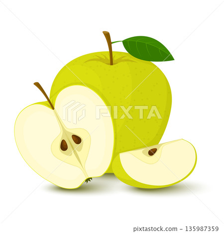 Apple. Composition with whole, half and sliced green apples isolated on white background. Flat cartoon style. Apple. Composition with whole, half and sliced green apples isolated on white background. Flat cartoon style. 135987359