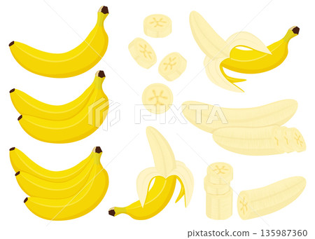 Banana set. Whole, half and peeled banana, bunch of bananas and slices of banana isolated on white background, flat cartoon style, vector 135987360