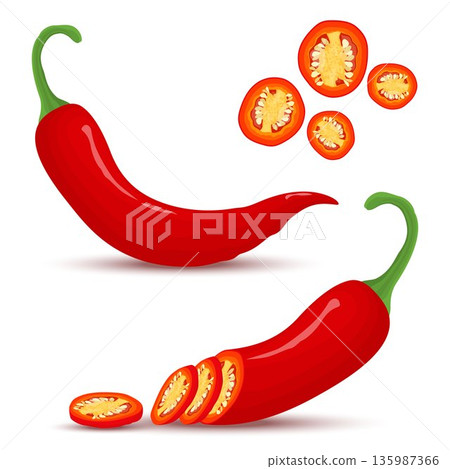 Hot chili pepper isolated on white background. Whole, half and chopped red chili. Vector illustration, flat style. Hot chili pepper isolated on white background. Whole, half and chopped red chili. Vector illustration, flat style. 135987366