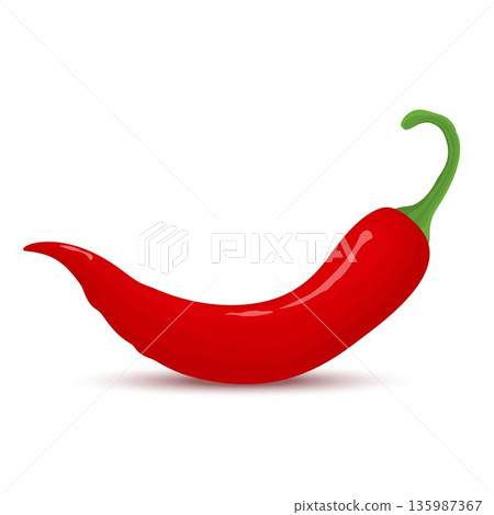 Red chili pepper. Single chili pepper isolated on white background. Whole hot chili peppers icon. Chile cutoff path. Vector flat cartoon style. 135987367