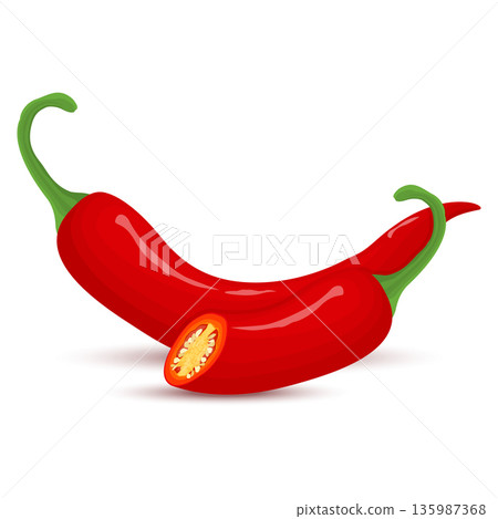 Hot chili pepper isolated on white background. Whole and half red chili. Vector illustration, flat style. 135987368