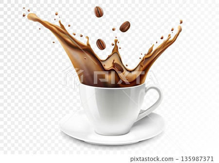 Coffee splash. A cup of coffee. Coffee beans falling into ceramic white mug or cup with hot coffee splash. Coffee mug 3D realistic vector illustration. 135987371