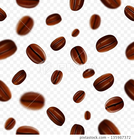 Flying coffee beans background. Seamless realistic brightly flying coffee beans with blur effect. 3d realistic illustration. Transparent background. Vector illustration. Flying coffee beans background. Seamless realistic brightly flying coffee beans with blur effect. 3d realistic illustration. Transparent background. Vector illustration. 135987372