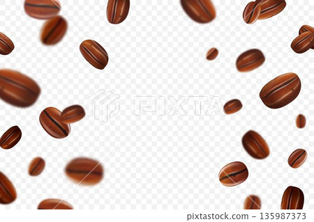 Flying coffee beans background. Seamless realistic brightly flying coffee beans with blur effect. 3d realistic illustration. Transparent background. Vector illustration. Flying coffee beans background. Seamless realistic brightly flying coffee beans with blur effect. 3d realistic illustration. Transparent background. Vector illustration. 135987373