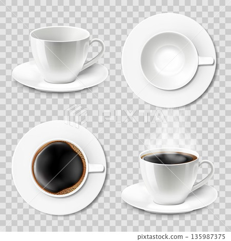 Set of coffee cups empty and with coffee. Ceramic cups or mugs with a saucer, top view, side view. coffee mug set with hot drink, 3d vector Isolated illustration Set of coffee cups empty and with coffee. Ceramic cups or mugs with a saucer, top view, side view. coffee mug set with hot drink, 3d vector Isolated illustration 135987375